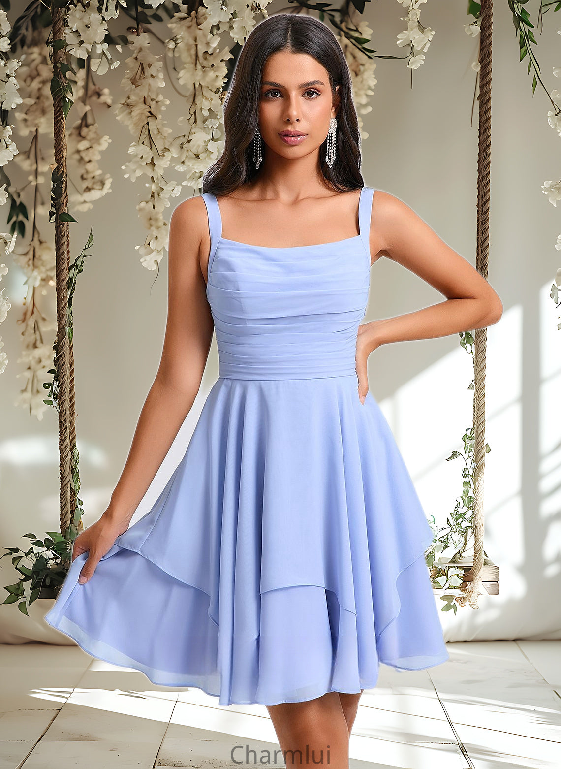 Irene A-line Scoop Short Chiffon Homecoming Dress With Pleated DYP0025654