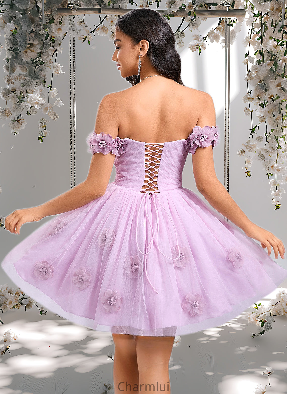 Deja Ball-Gown/Princess Off the Shoulder Short Tulle Homecoming Dress With Pleated Flower DYP0025668