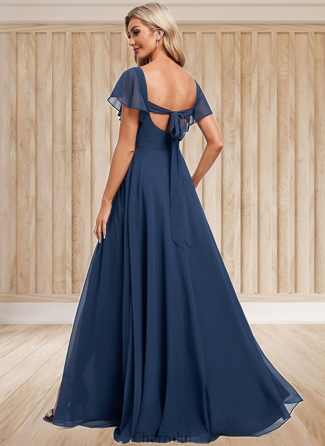 Nell A-line V-Neck Floor-Length Chiffon Bridesmaid Dress With Ruffle DYP0025802