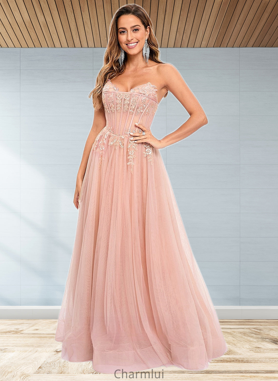 Anahi Ball-Gown/Princess V-Neck Floor-Length Tulle Prom Dresses With Sequins Appliques Lace DYP0025837