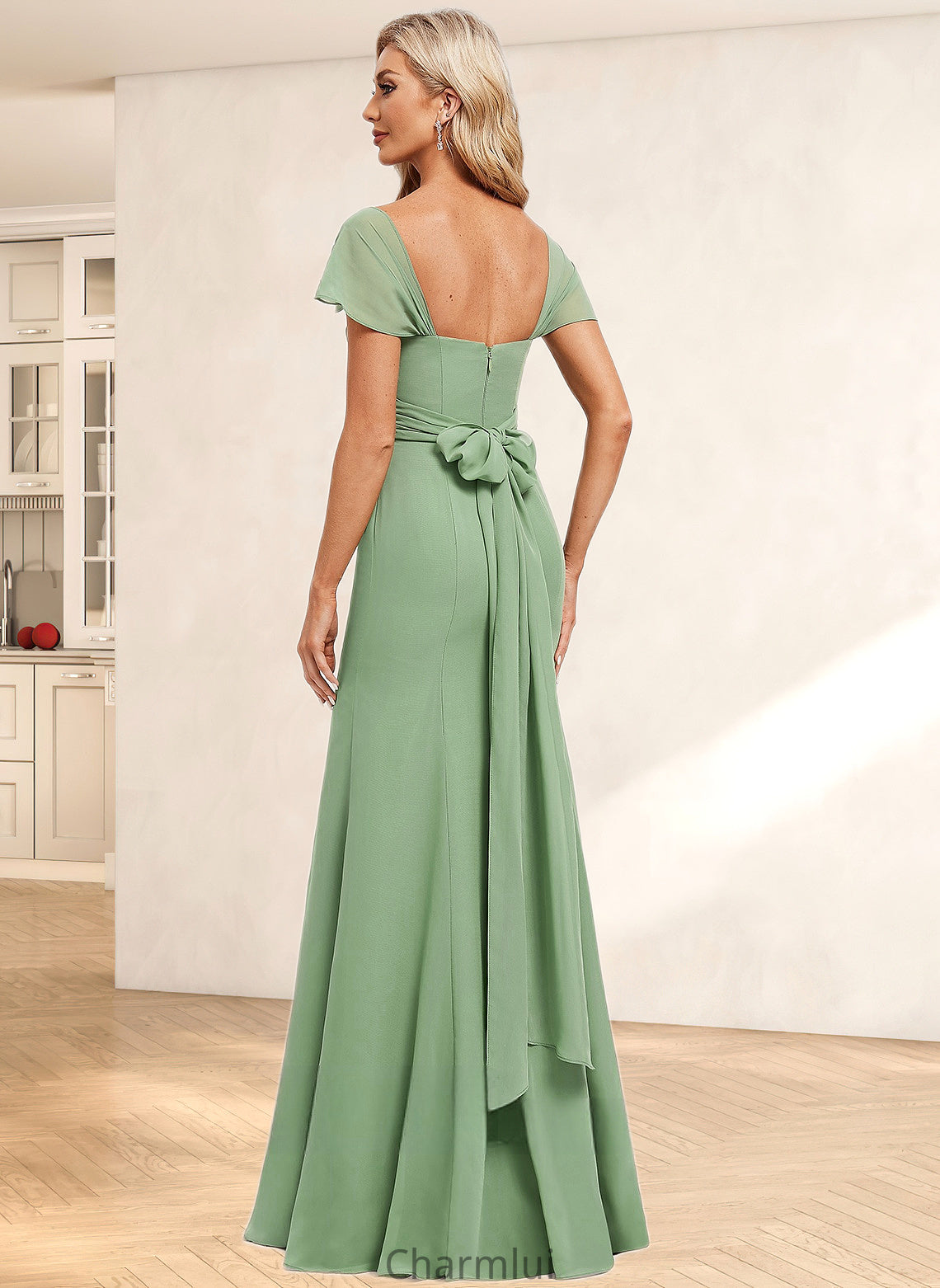 Campbell Trumpet/Mermaid Off the Shoulder V-Neck Floor-Length Chiffon Bridesmaid Dress DYP0025810