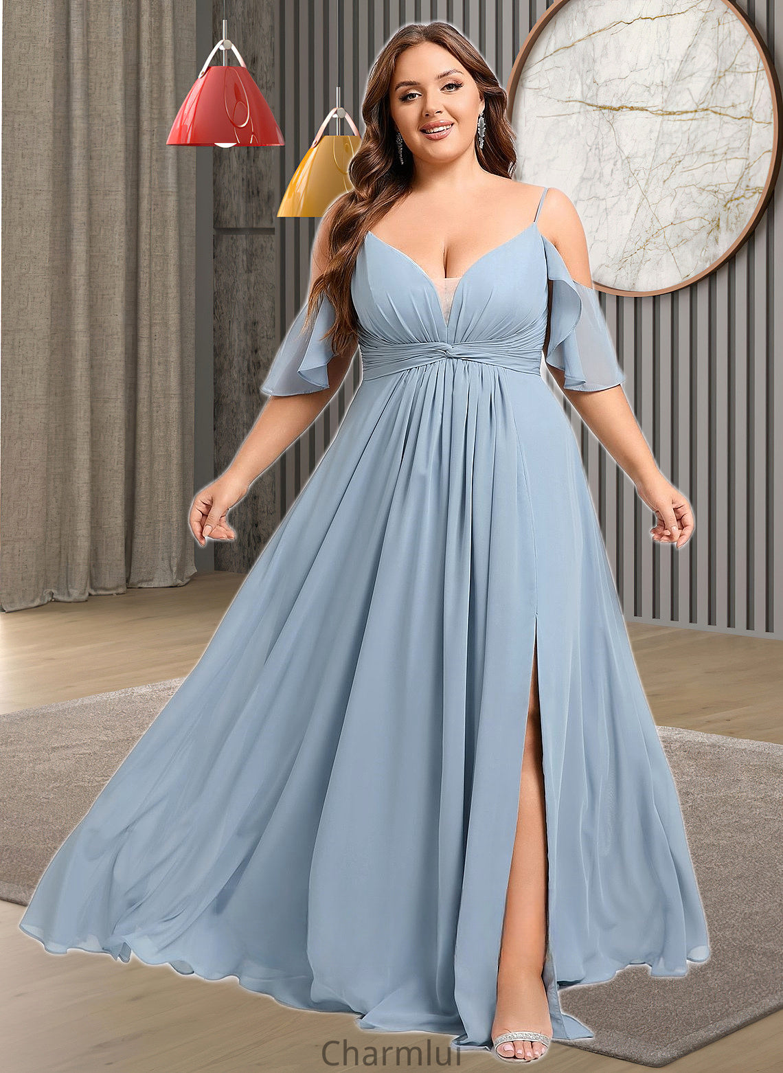 Kendra A-line Cold Shoulder Floor-Length Chiffon Bridesmaid Dress With Ruffle DYP0025797