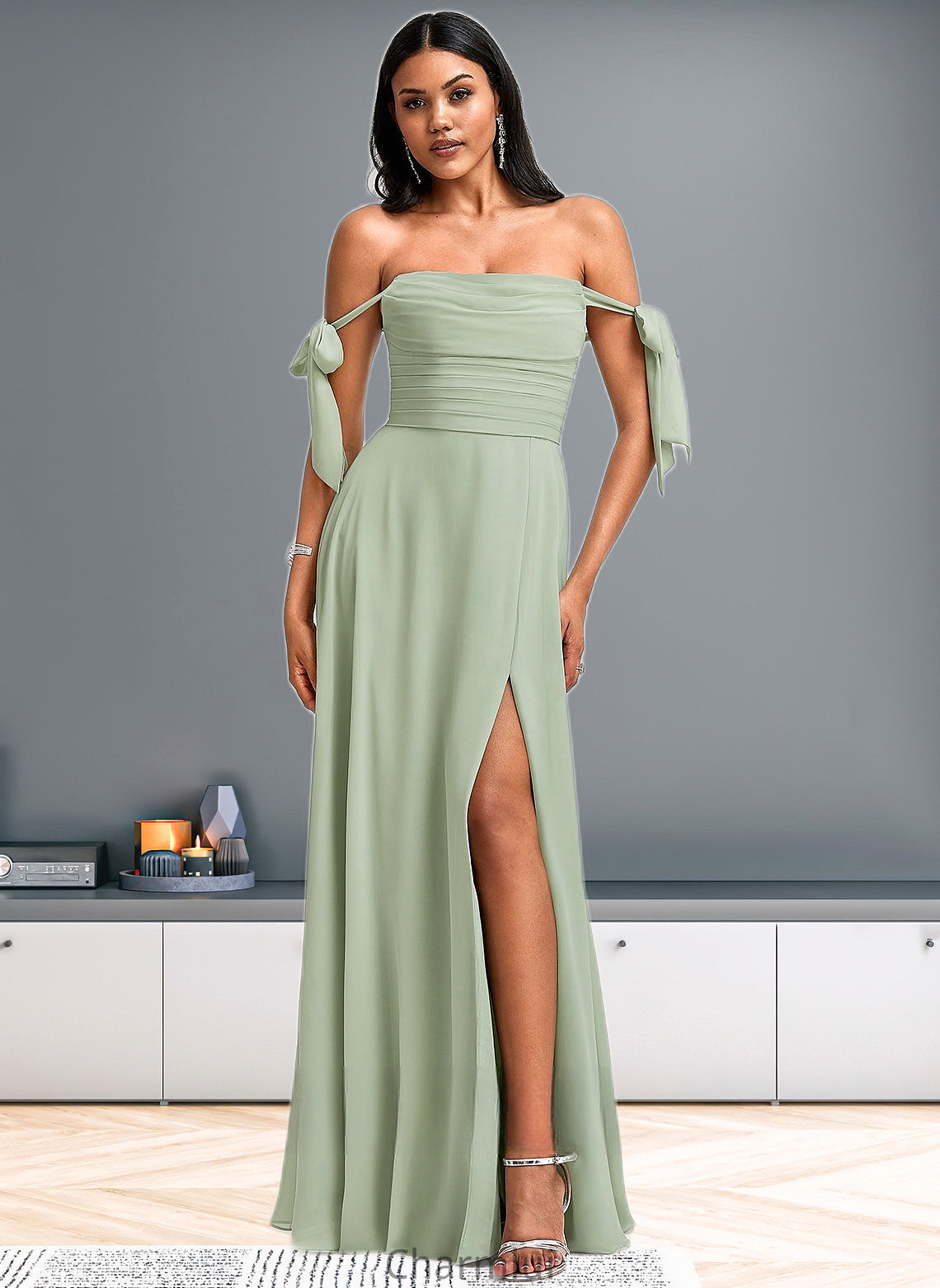 Rylee A-line Cowl Floor-Length Chiffon Bridesmaid Dress With Bow DYP0025738