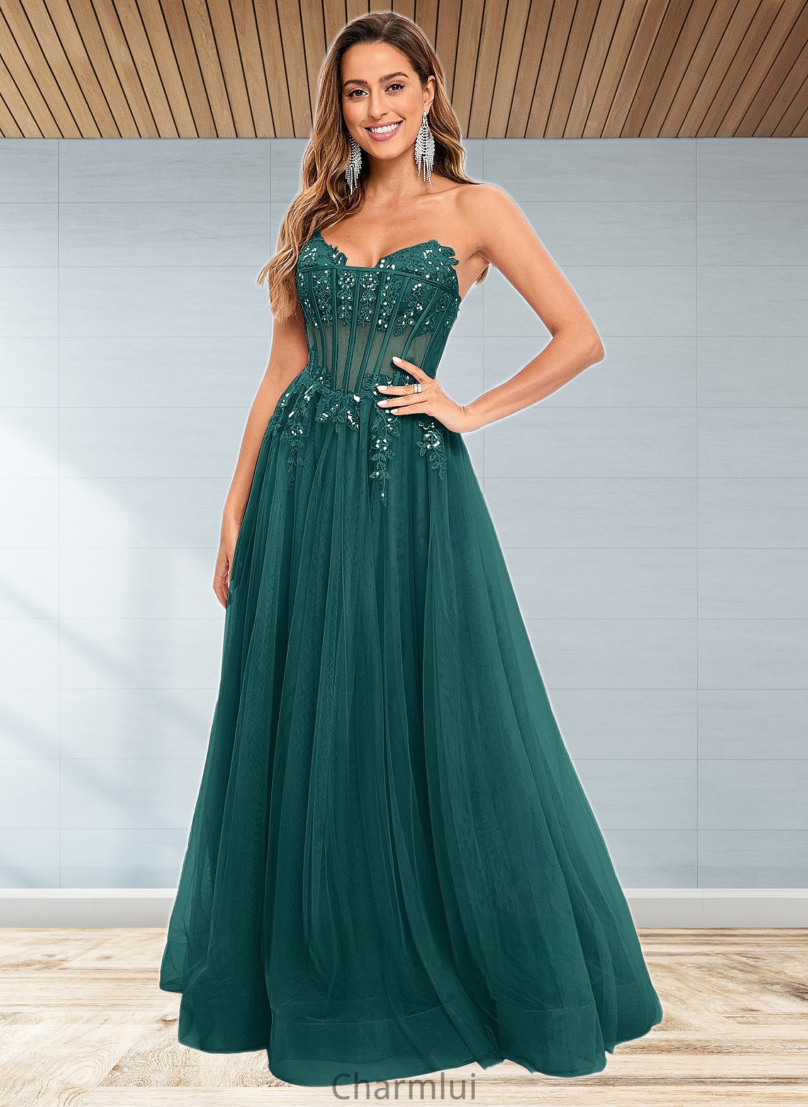 Anahi Ball-Gown/Princess V-Neck Floor-Length Tulle Prom Dresses With Sequins Appliques Lace DYP0025837