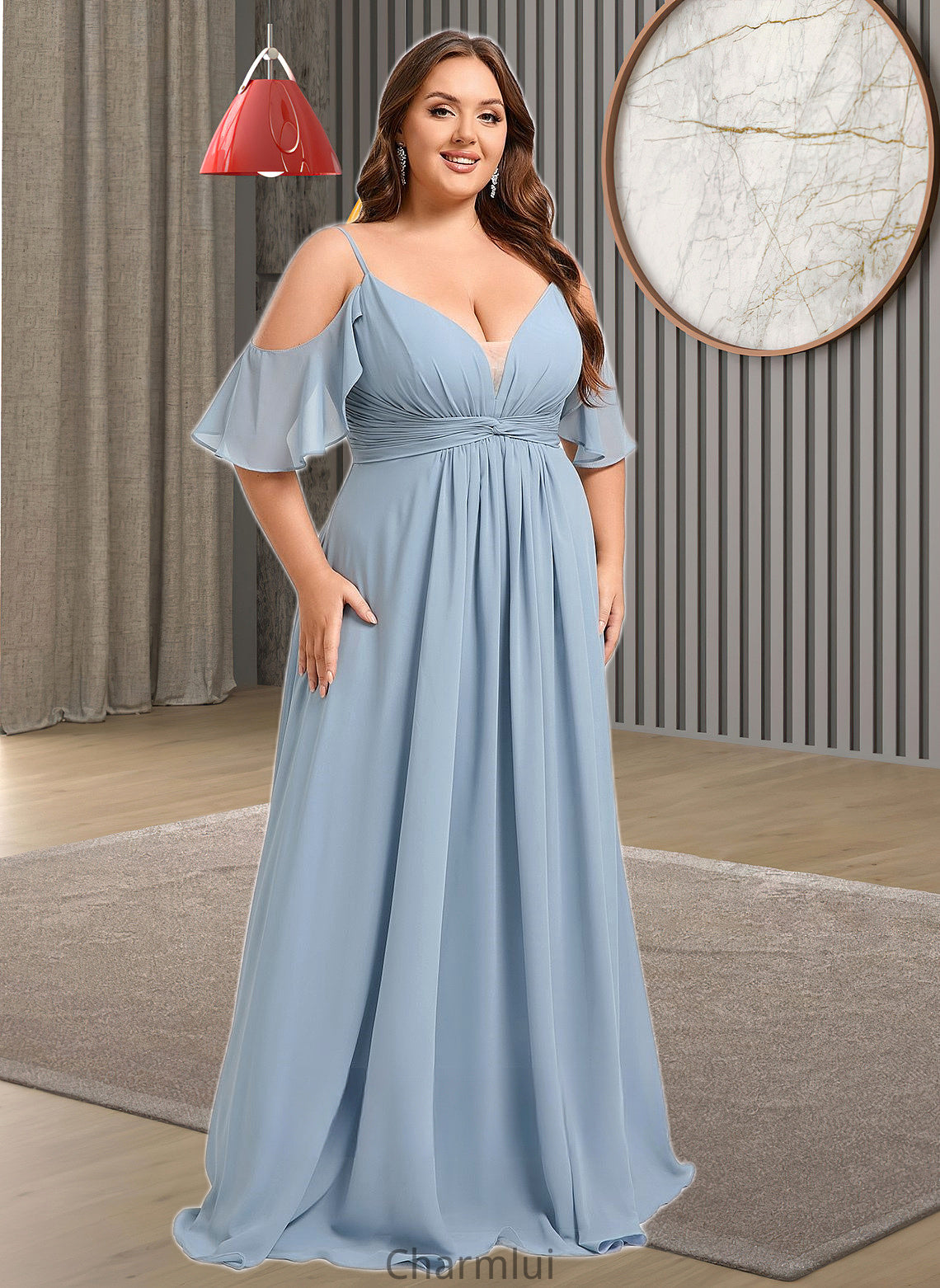 Kendra A-line Cold Shoulder Floor-Length Chiffon Bridesmaid Dress With Ruffle DYP0025797