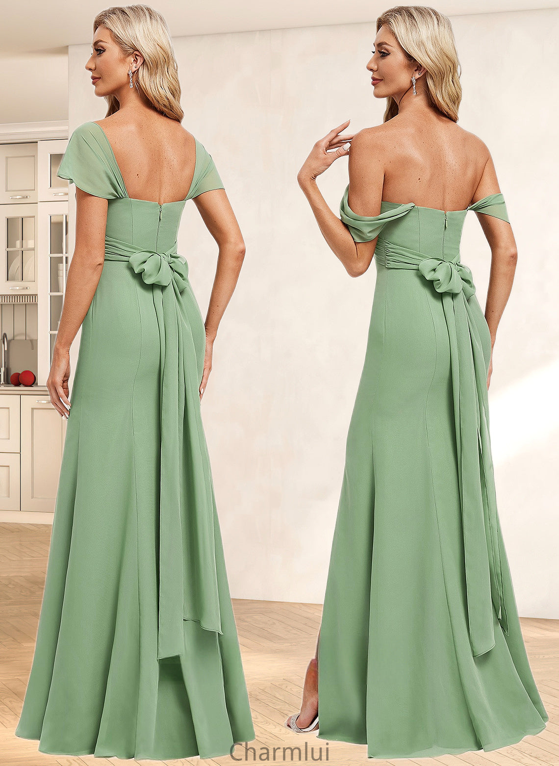 Campbell Trumpet/Mermaid Off the Shoulder V-Neck Floor-Length Chiffon Bridesmaid Dress DYP0025810