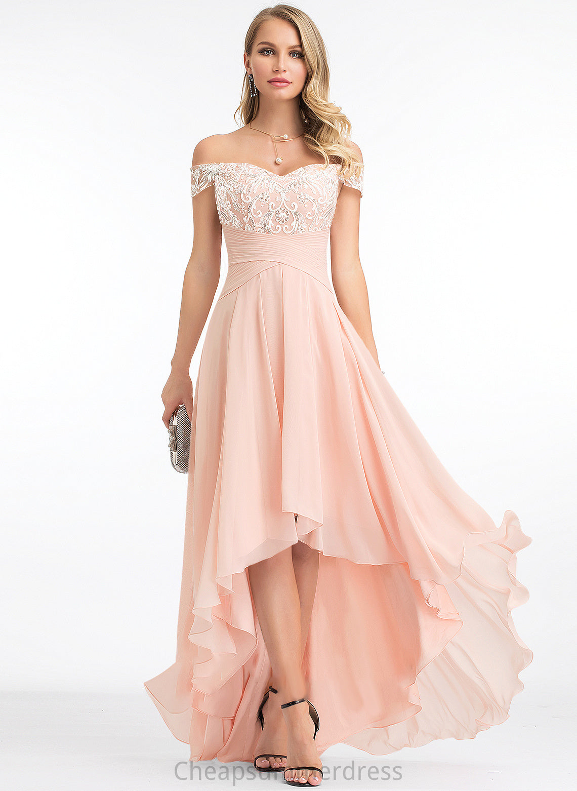 Prom Dresses A-Line Chiffon Asymmetrical With Off-the-Shoulder Madeline Sequins