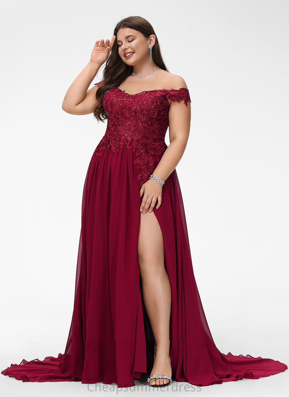 A-Line Sweep Cailyn Lace Off-the-Shoulder Train With Sequins Prom Dresses Chiffon