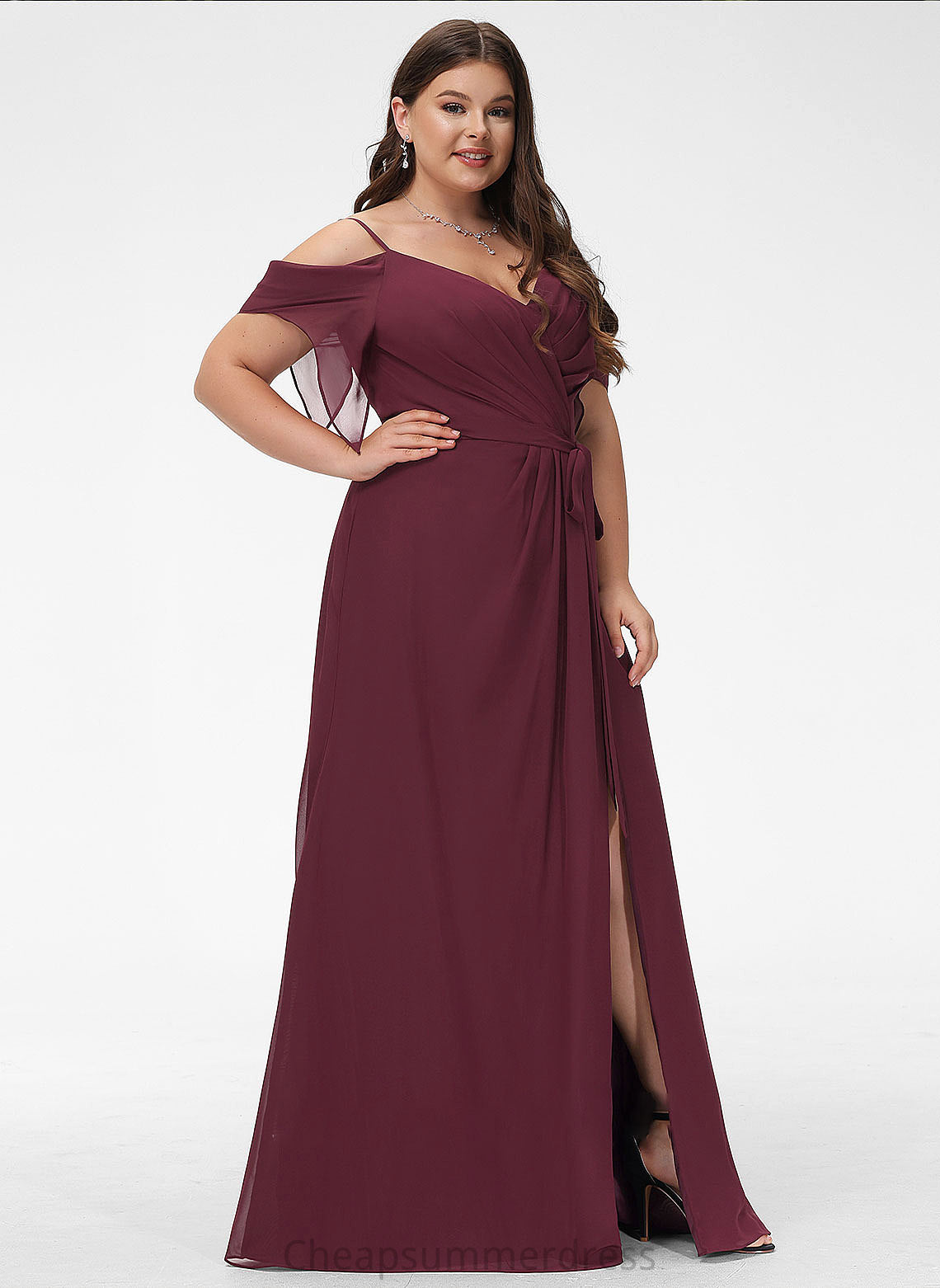 Length Floor-Length Fabric Silhouette V-neck Neckline A-Line Embellishment SplitFront Ruffle Kassandra Floor Length