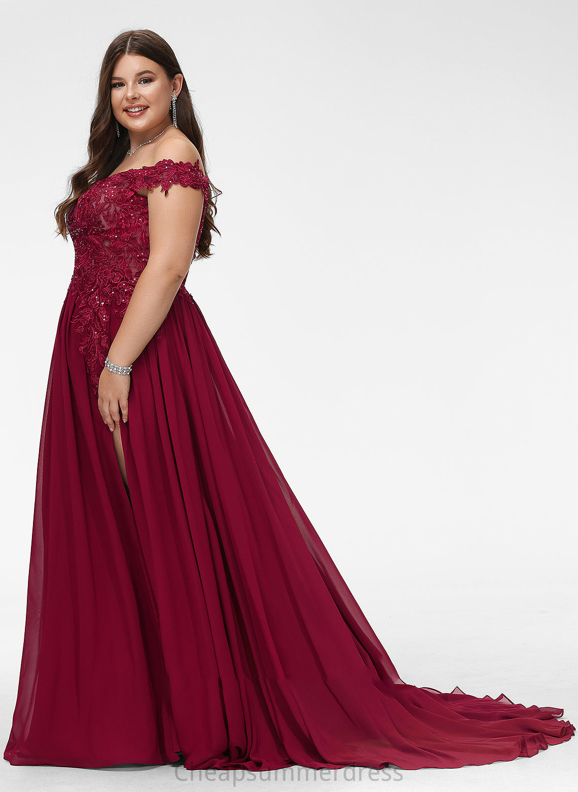 A-Line Sweep Cailyn Lace Off-the-Shoulder Train With Sequins Prom Dresses Chiffon