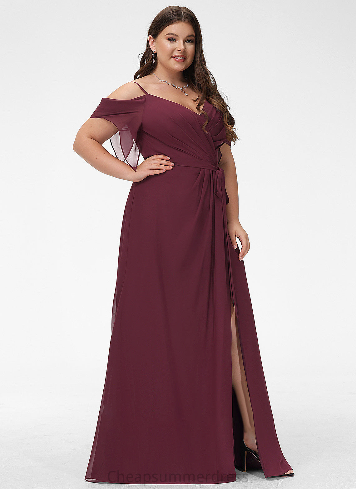 A-Line With Prom Dresses Floor-Length Split Ruffle V-neck Front Makenna