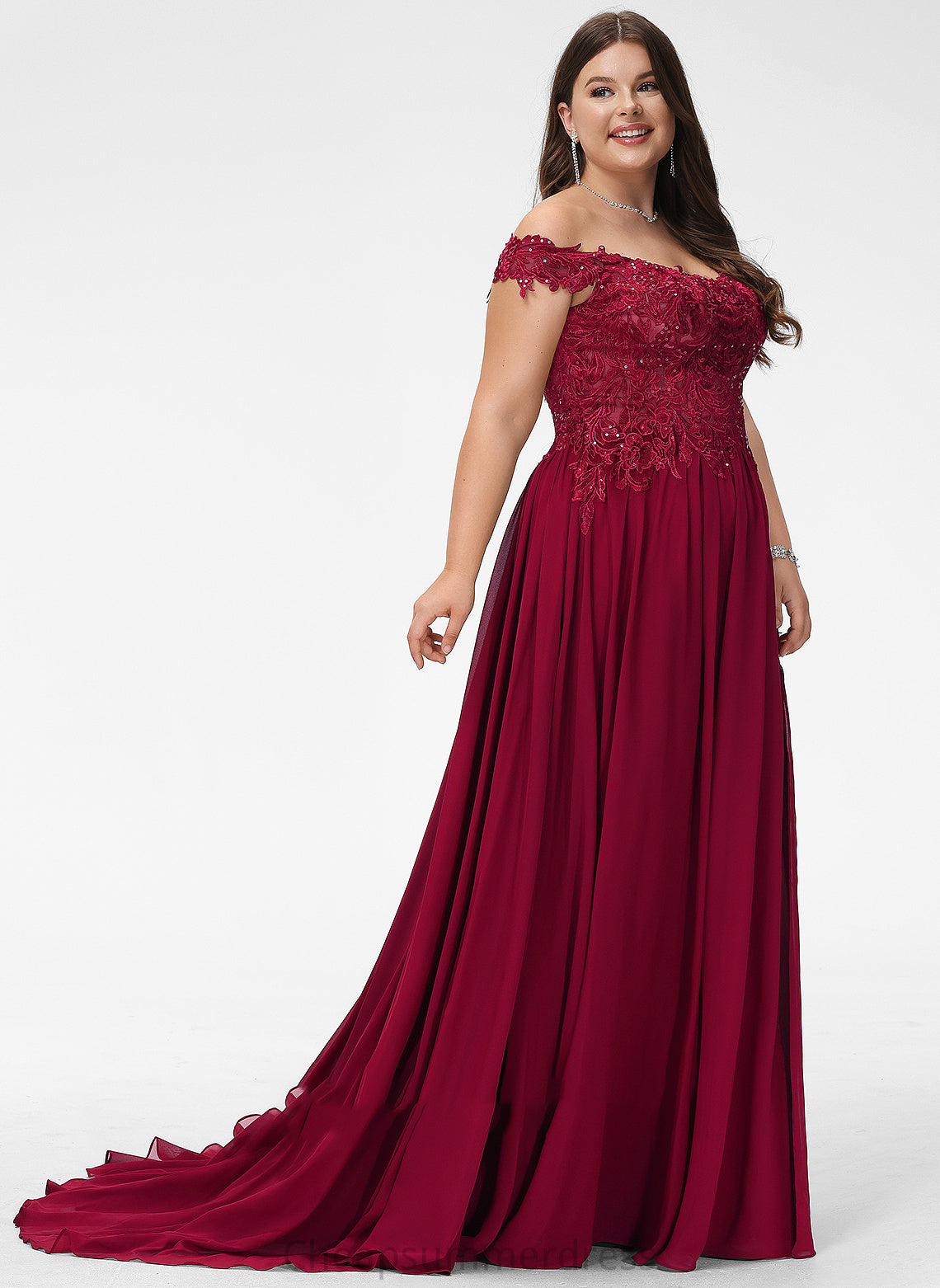 A-Line Sweep Cailyn Lace Off-the-Shoulder Train With Sequins Prom Dresses Chiffon