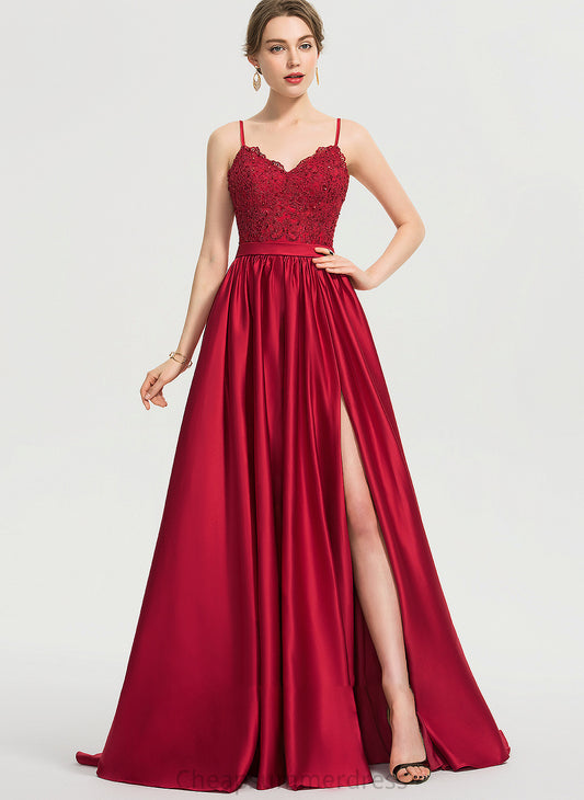 With Beading V-neck Front Ball-Gown/Princess Split Train Prom Dresses Sweep Sequins Sherlyn Satin