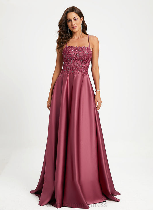 Square Sweep Beading A-Line With Sequins Satin Train Adalyn Neckline Prom Dresses