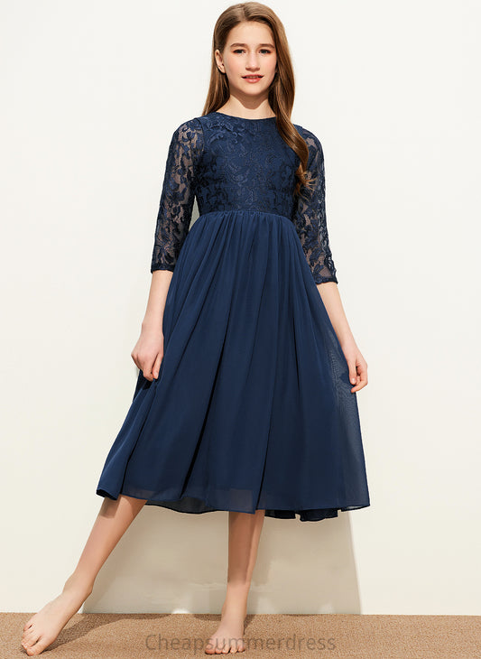 Junior Bridesmaid Dresses Shyla Neck Tea-Length Lace Chiffon A-Line Scoop