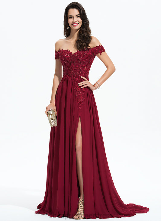 A-Line Sweep Cailyn Lace Off-the-Shoulder Train With Sequins Prom Dresses Chiffon