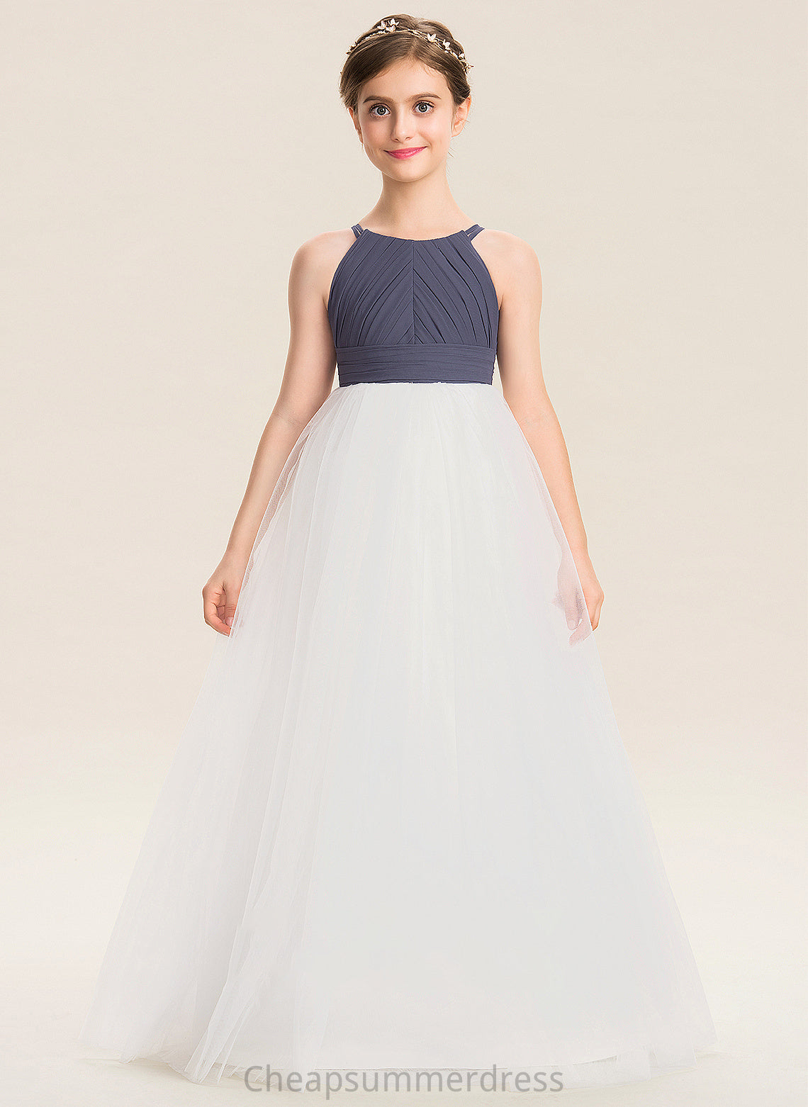 Scoop Junior Bridesmaid Dresses With Chiffon A-Line Tulle Cheryl Ruffle Floor-Length Neck