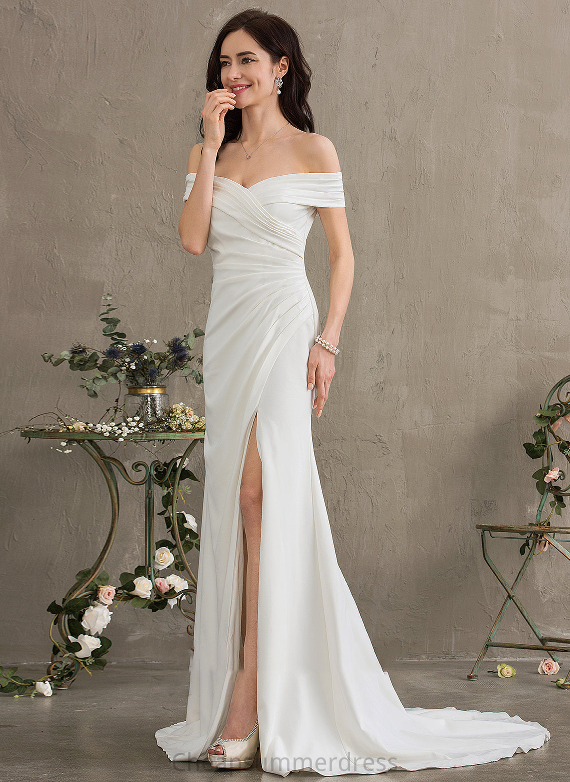 Off-the-Shoulder Annie Sweep Dress Split With Train Crepe Stretch Ruffle Front Sheath/Column Wedding Wedding Dresses