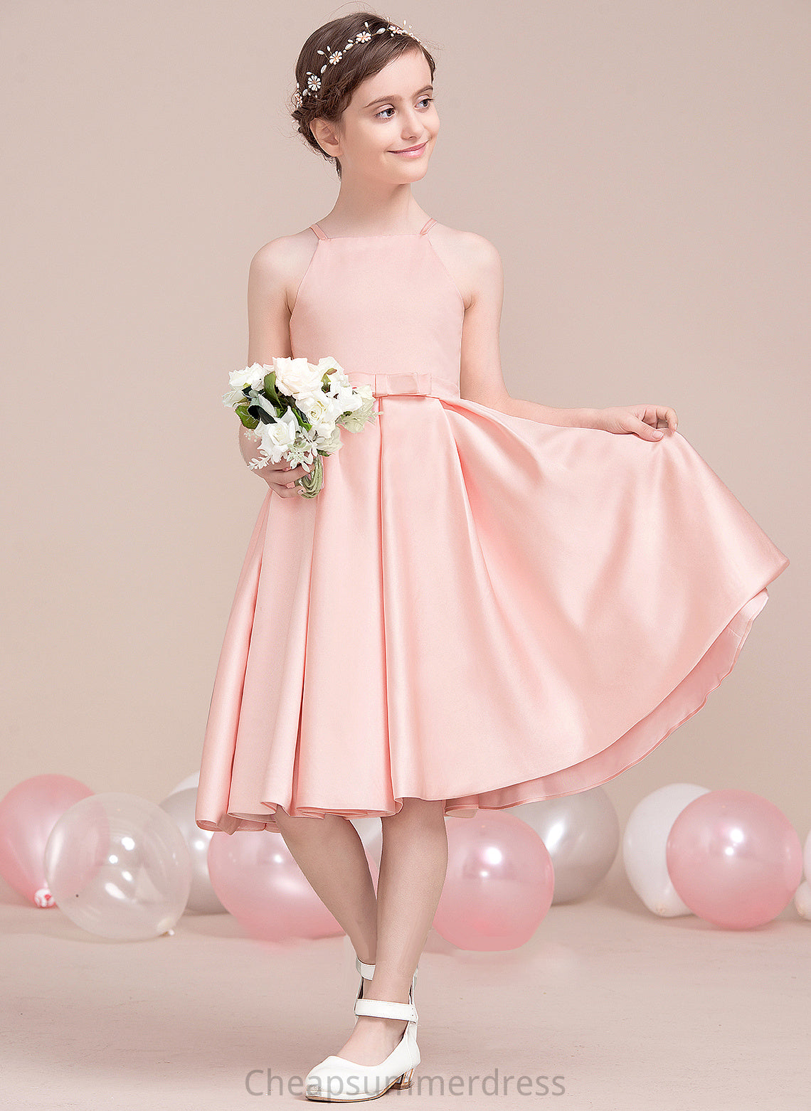 A-Line With Bow(s) Knee-Length Satin Square Jaliyah Neckline Junior Bridesmaid Dresses