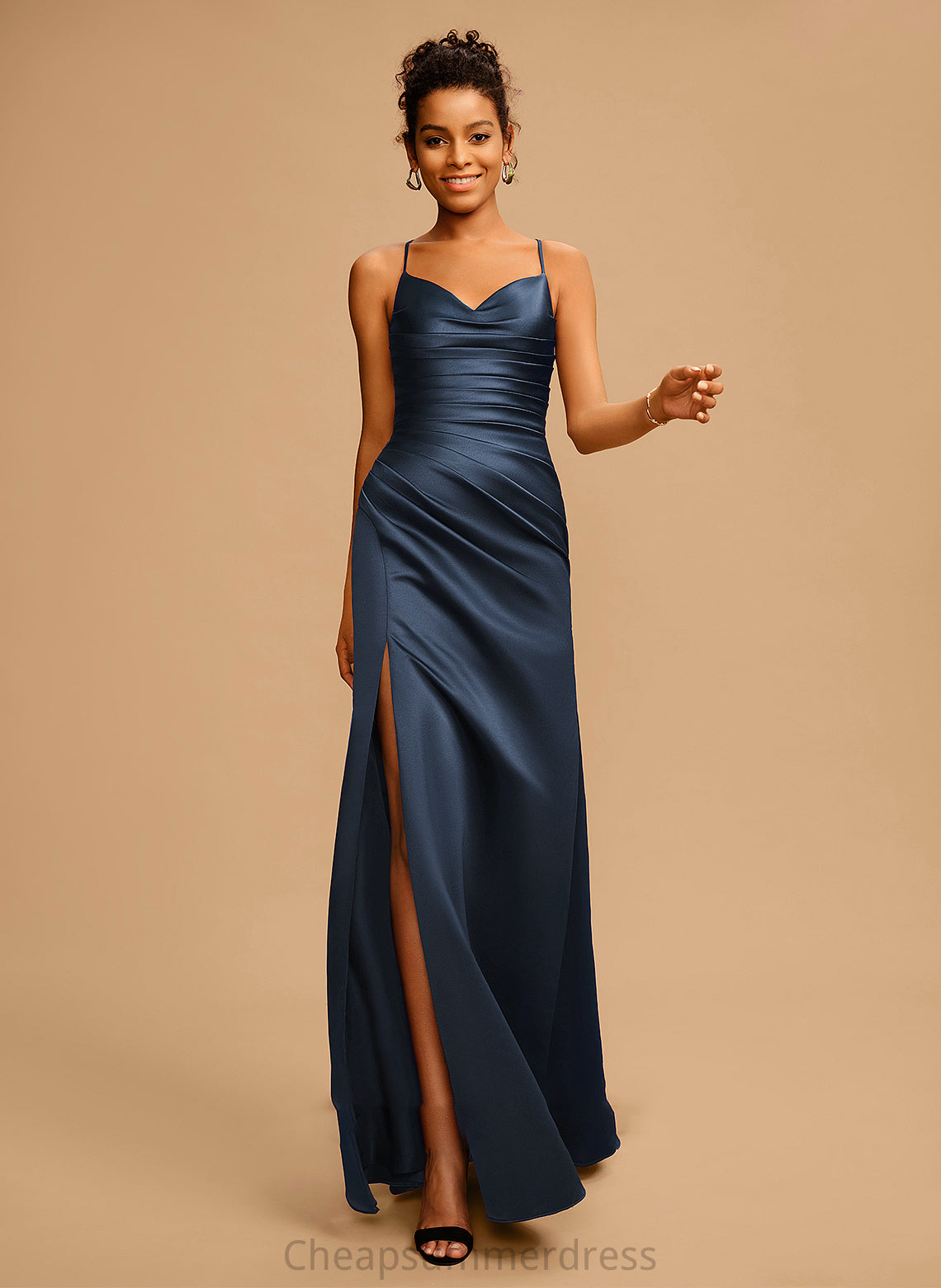 V-neck Ireland Sheath/Column Floor-Length Satin With Pleated Prom Dresses