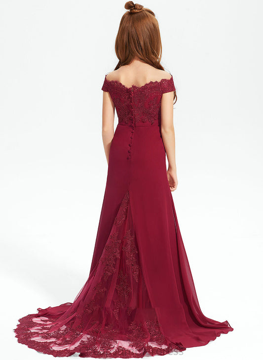 Trumpet/Mermaid Court Kadence Junior Bridesmaid Dresses Lace Off-the-Shoulder Train Chiffon