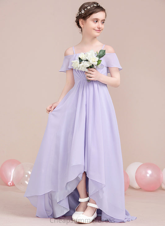 With Ruffles Junior Bridesmaid Dresses Chiffon Asymmetrical Kailyn A-Line Cascading Off-the-Shoulder