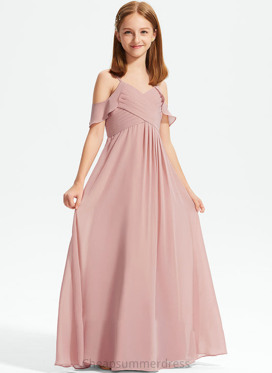 A-Line Cascading Ashtyn Junior Bridesmaid Dresses Floor-Length Off-the-Shoulder Ruffles Chiffon With