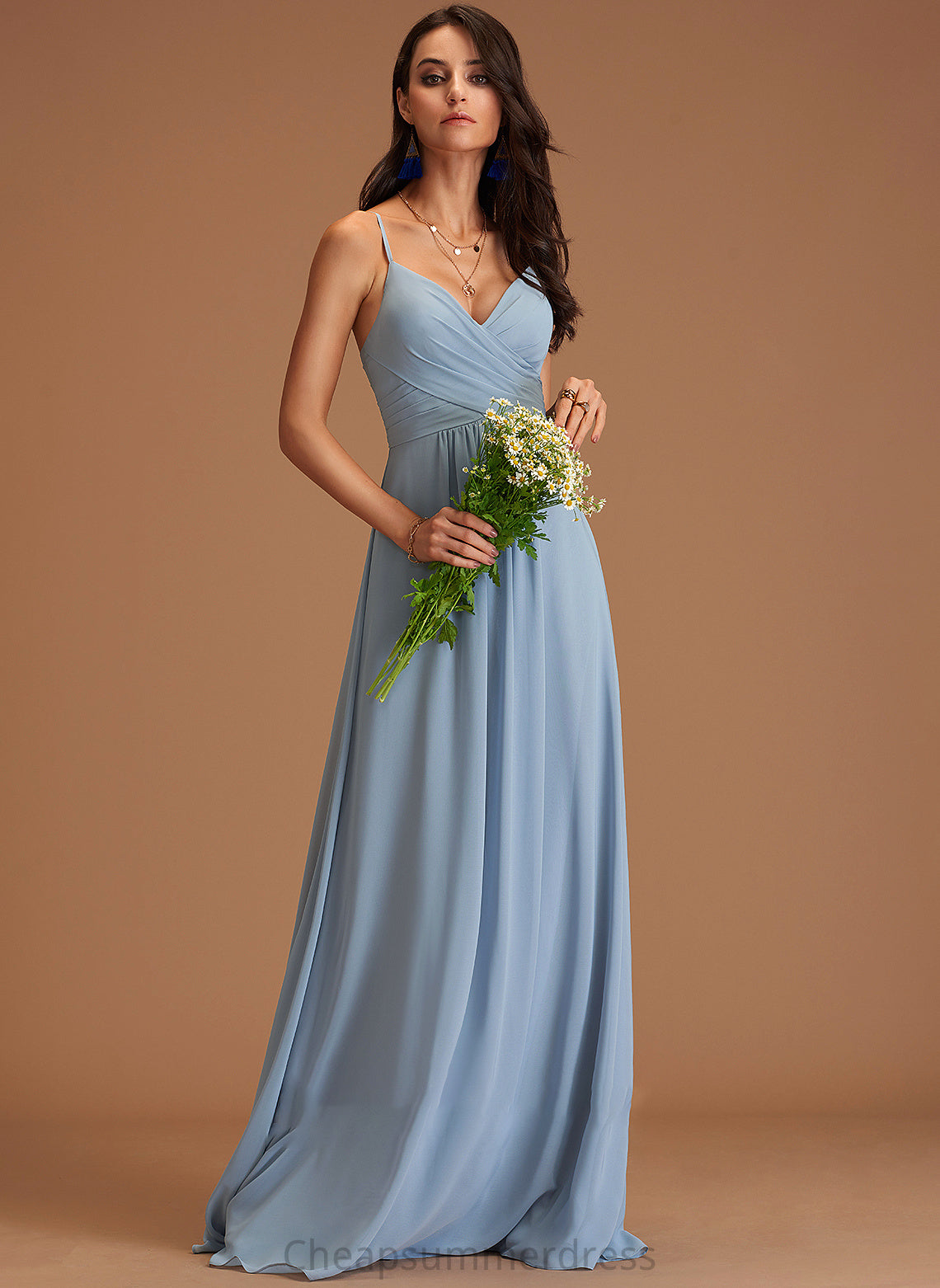 Fabric A-Line Ruffle Length Embellishment V-neck Floor-Length Neckline Silhouette Corinne Off The Shoulder A-Line/Princess