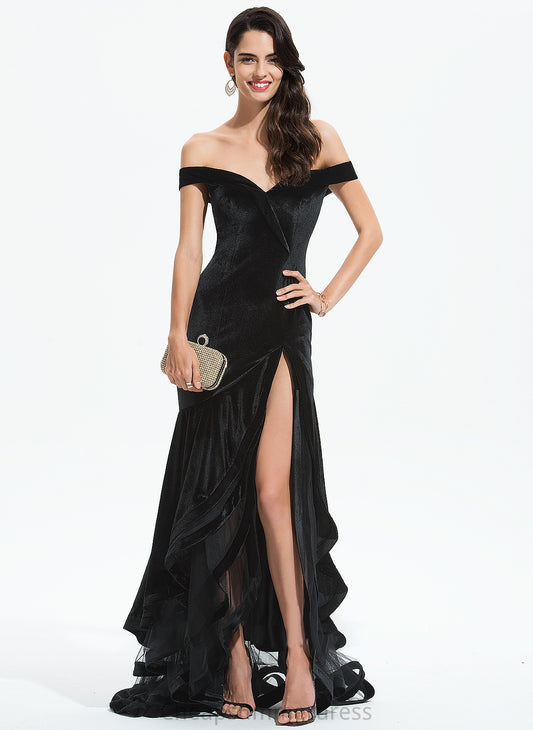 Christine Ruffles Train Off-the-Shoulder Trumpet/Mermaid Cascading Sweep Prom Dresses With Velvet