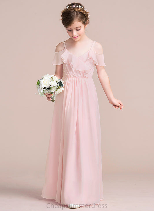 Floor-Length A-Line V-neck Junior Bridesmaid Dresses Cascading With Dayanara Ruffles Chiffon