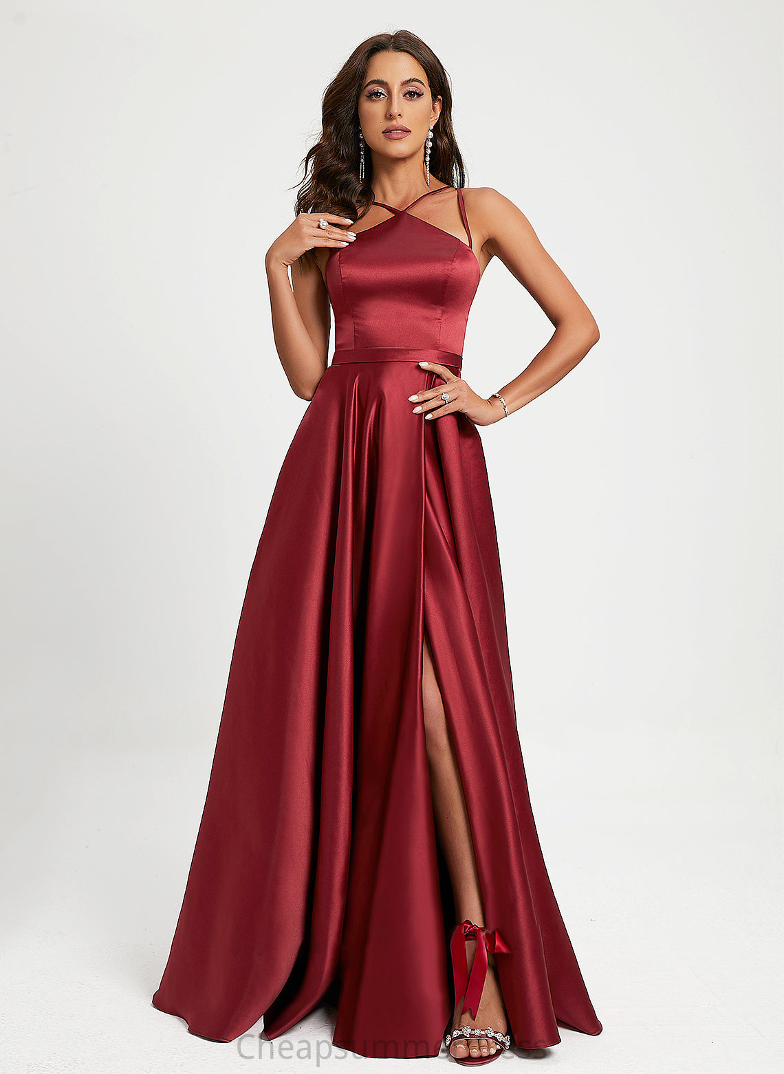 A-Line Floor-Length Natalie Satin Halter Prom Dresses