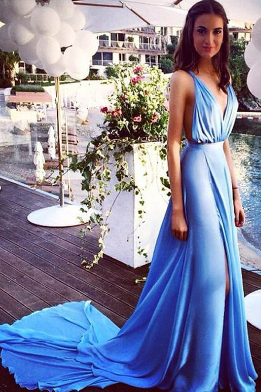 Blue A Line Court Train Deep V Neck Sleeveless Side Slit Backless Prom Dresses