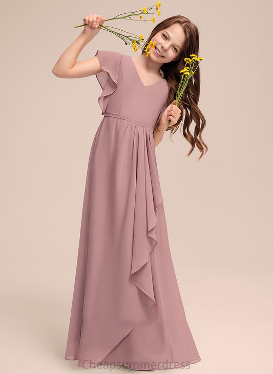 V-neck A-Line Junior Bridesmaid Dresses Cascading Ruffles With Floor-Length Autumn Chiffon