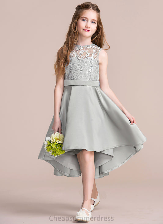 A-Line Asymmetrical Junior Bridesmaid Dresses Christine Scoop Satin Neck