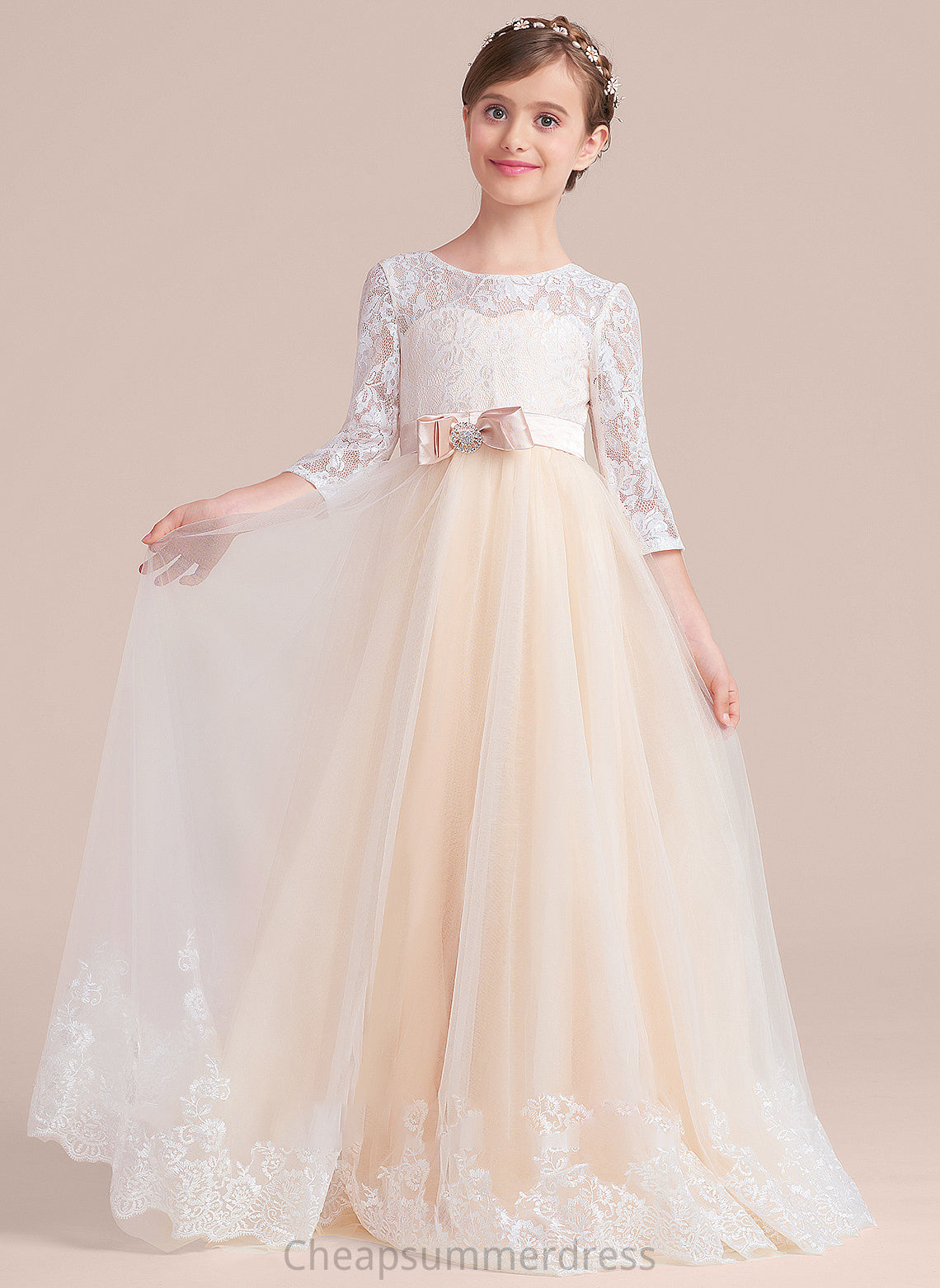 Ball-Gown/Princess Scoop Kamari With Floor-Length Junior Bridesmaid Dresses Lace Sash Beading Tulle Bow(s) Neck