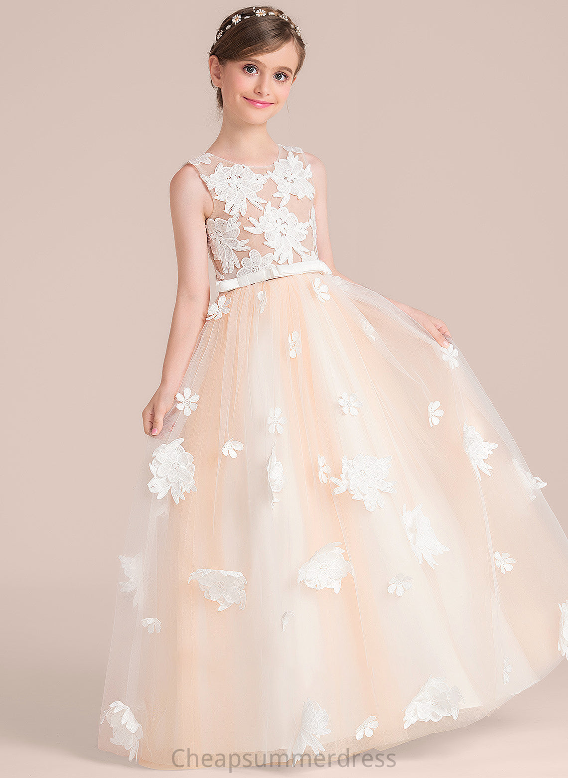 Tulle Floor-Length Flower(s) Ball-Gown/Princess Bow(s) Neck Cali With Scoop Junior Bridesmaid Dresses