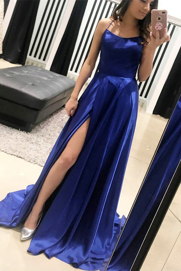 Royal Blue A Line Brush Train Sleeveless Backless Side Slit Prom Dresses