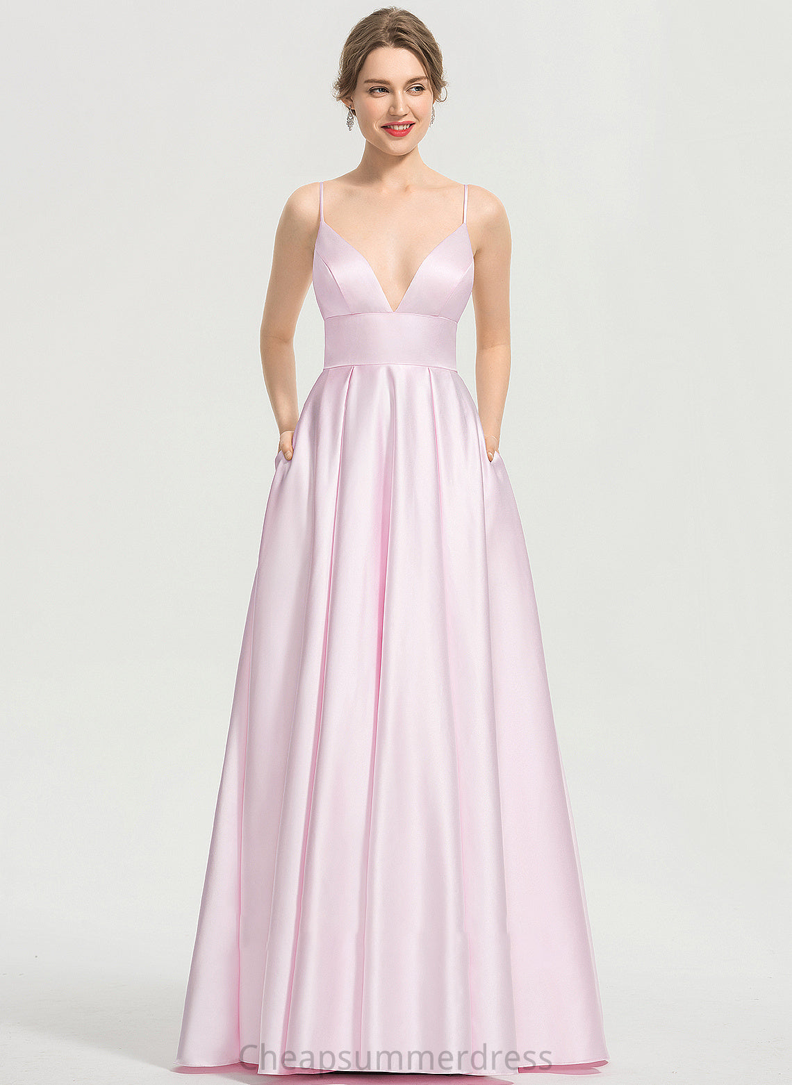 Prom Dresses V-neck Satin Pockets A-Line Floor-Length With Lisa