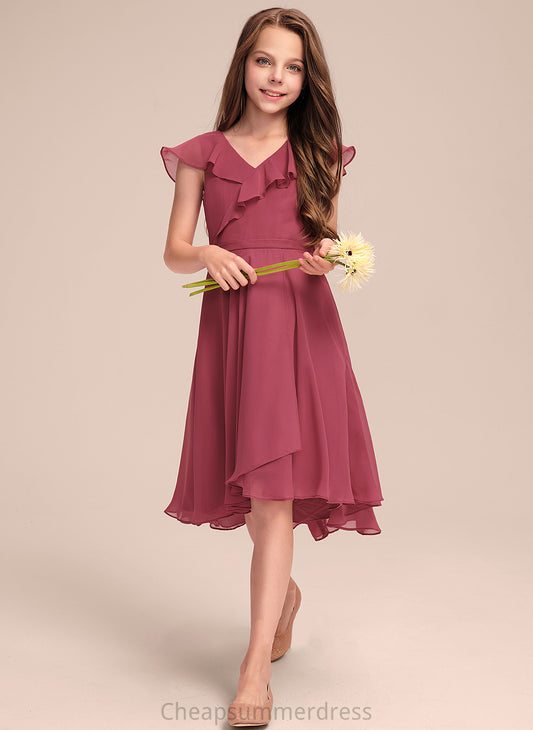 With Yesenia A-Line V-neck Cascading Chiffon Junior Bridesmaid Dresses Ruffles Asymmetrical