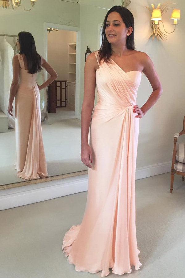 A Line Brush Train One Shoulder Sleeveless Chiffon Bridesmaid Dresses