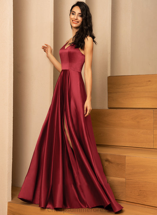 Prom Dresses With Aubrie Satin A-Line Floor-Length Pockets V-neck