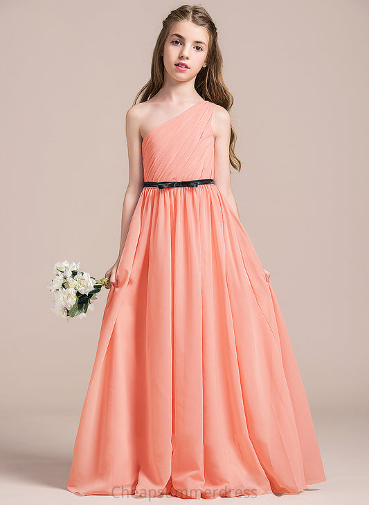 A-Line Arely One-Shoulder Bow(s) Chiffon Ruffle Floor-Length With Junior Bridesmaid Dresses