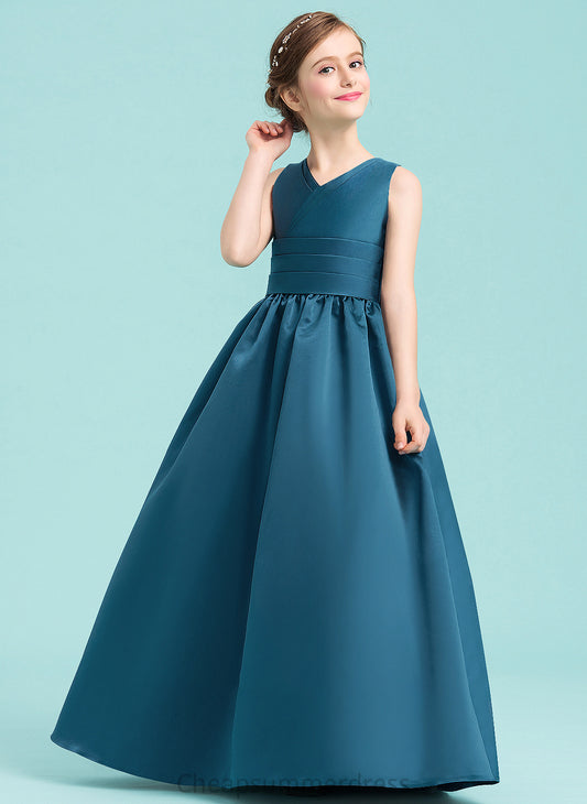 Junior Bridesmaid Dresses Lauren Floor-Length With Ruffle Satin V-neck Ball-Gown/Princess