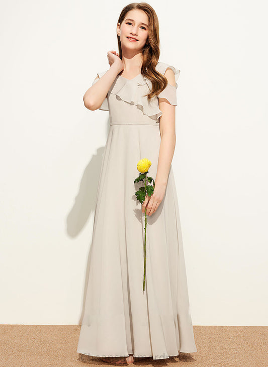 Eden Chiffon V-neck Junior Bridesmaid Dresses Ruffles With A-Line Floor-Length Cascading