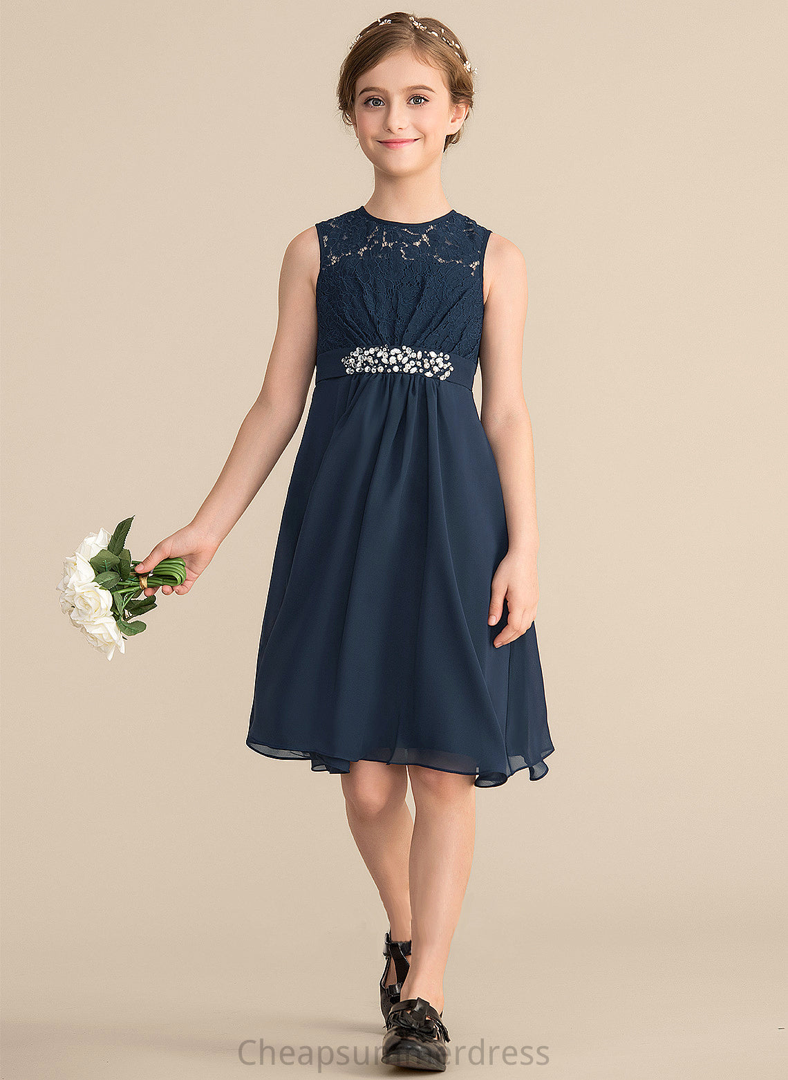 Chiffon Beading Scoop Sequins Haleigh Lace With Junior Bridesmaid Dresses Neck Bow(s) A-Line Knee-Length