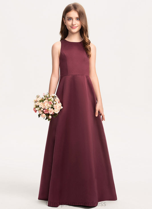 A-Line Neck Satin Madeline Scoop Junior Bridesmaid Dresses Floor-Length