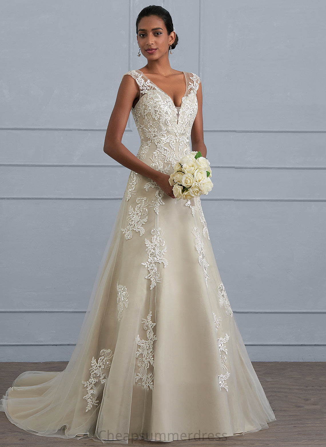 Sequins Court Lace Dress Train Wedding Dresses Beading With V-neck A-Line Wedding Nicole Tulle