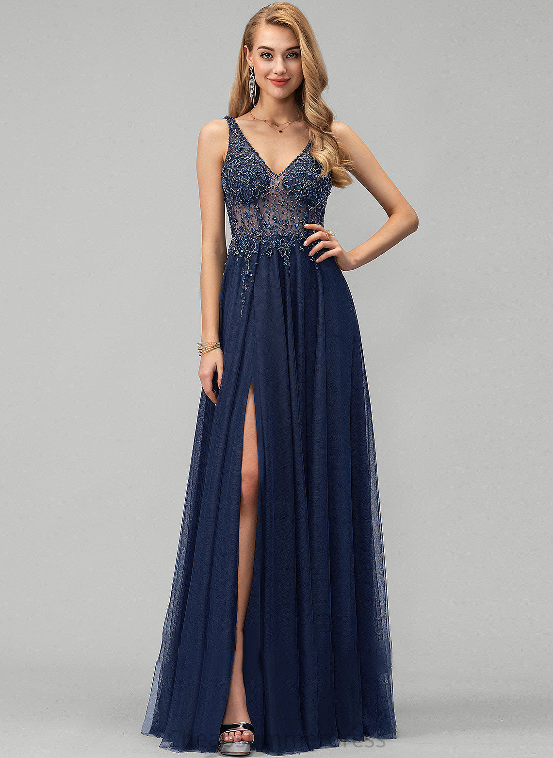 With Tulle Prom Dresses Split A-Line Abigail Floor-Length Front Sequins V-neck Beading