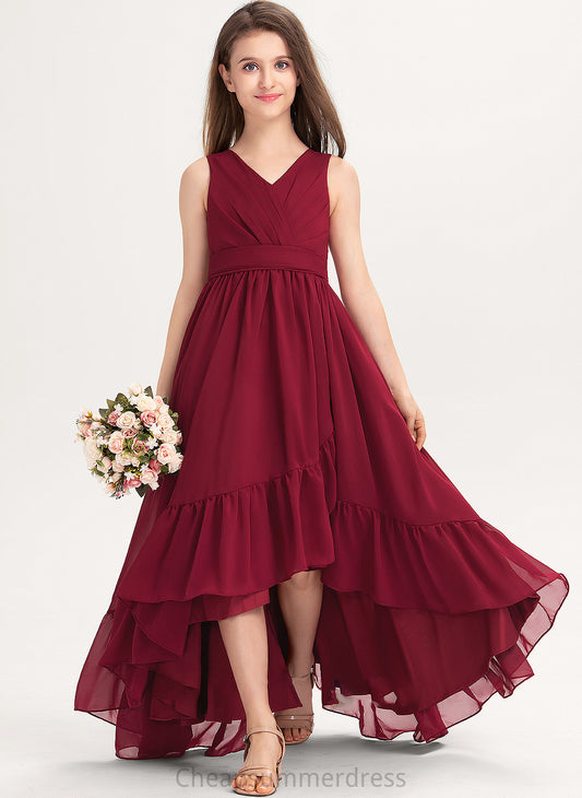 Asymmetrical With Bow(s) Cascading Ruffles Chiffon Junior Bridesmaid Dresses V-neck Evie A-Line