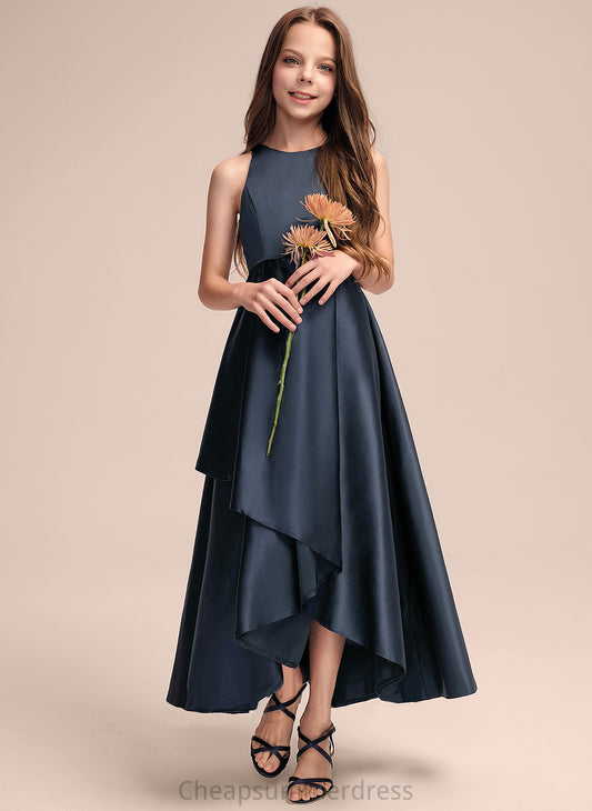 A-Line Neck Scoop Satin With Asymmetrical Ruffles Cascading Karen Junior Bridesmaid Dresses